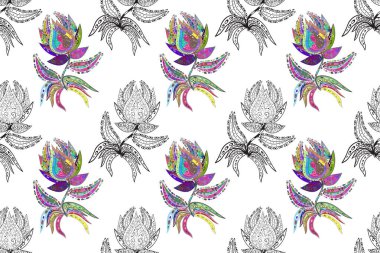 Renkli Yaz Temalı Kusursuz Arkaplan. Düz Çiçek Elementleri Tasarımı. Raster Illustrasyon 'da moda olmayan çiçek deseni. Çiçekler beyaz, mavi ve gri renklerde.