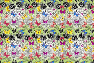 Gri, nötr ve beyaz renklerde sevimli kelebek deseni. Tekstil, duvar kâğıtları, web sayfası arkaplanları ve yüzey dokuları için mükemmel. Raster skeci. Tropikal temada kelebek çiçek deseni.