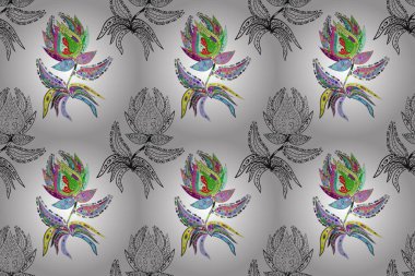 Raster dikişsiz çiçek deseni. Vadinin çiçekleri beyaz, nötr ve gri renklerde.