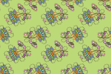 Kusursuz bir arka plan modeli. Suluboya, elle çizilmiş. Raster illüstrasyonu. Tarafsız, mavi ve siyah yapraklı yabani çiçekler.