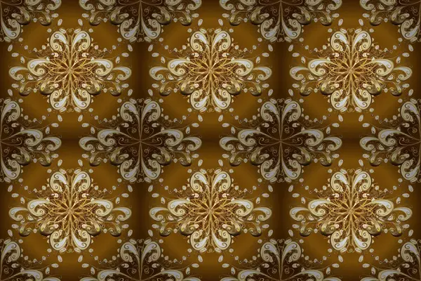 Royal luxury golden baroque damask vintage. Raster pattern background wallpaper with gold antique floral medieval decorative 3d flowers, leaves, gold pattern ornaments. Beige and brown on background.