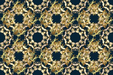 Damask klasik beyaz ve altın desenli. Kahverengi ve mavi renklerdeki altın desenli altın elementler. Tekrarlayan ögelerle soyut arkaplan Raster.