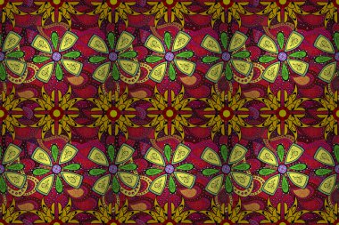 Raster deseni. Kırmızı, siyah ve sarı el çizimi desen. Sanat esinlenilmiş, siyah ve sarı renkli çiçekler ve yapraklar. Karalama çiçekleri kusursuz desen.