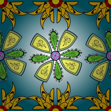 Siyah, sarı ve mavi renkli tekstil tarzında. Vektör çizimi. Çiçeklerle suluboya desenleri.