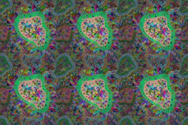 El çizimi. Yeşil, mavi ve pembe renkli çiçekler. Çiçeklerle kusursuz desen. Suluboya çizimi.