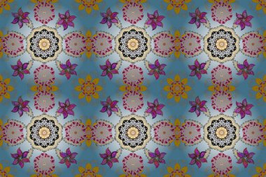 Düz Çiçek Elementleri Tasarımı. Raster Illustrasyon 'da moda olmayan çiçek deseni. Tarafsız, beyaz ve mavi renklerde çiçekler. Renkli Yaz Temalı Kusursuz Arkaplan.