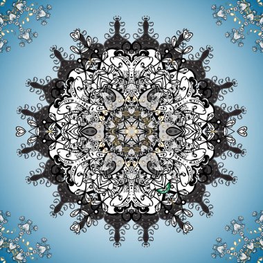 Gri, beyaz ve mavi renklerde dekoratif unsurlar. Renkli Mandala. Kabile, Boho, Bohem tarzı, flaş dövmeli..