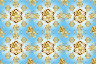 Doğulu motifler. Geometrik daire elementleri. Renkli Mandala. İslam 'ın, Arapça' nın, Hint dinlerinin ruhani ve ayinsel sembolü. Sarı, mavi ve nötr renklerde yuvarlak süsleme deseni.