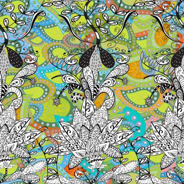 Çiçek desenli vektör, yeşil, beyaz ve siyah çizgi grafik desenli soyut vektör arkaplan. Modern stil dokusu.