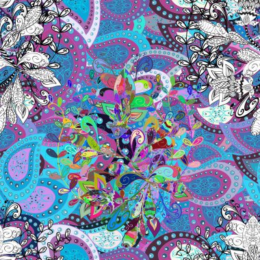 Renkli Bahar Temalı Kusursuz Arkaplan. Şirin çiçek vektör deseni. Düz Çiçek Elementleri Tasarımı. Mor, mavi ve beyaz renkte çiçekler.