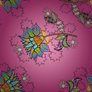 Pembe, mavi ve siyah renkte çiçekler. Kusursuz çiçek deseni. Düz Çiçek Elementleri Tasarımı. Asya tekstil tarzında. Vektör çizimi. Renkli Bahar Teması Kusursuz Arkaplan.