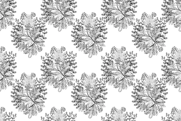 In asian textile style on white, gray and black colors. Raster illustration. Seamless flowers pattern.