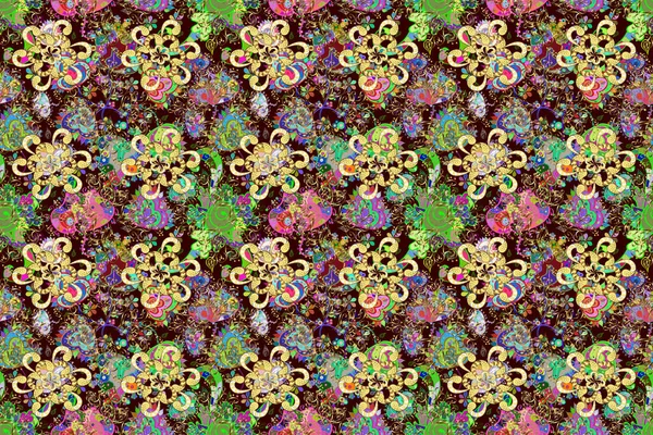 Seamless flowers pattern. In asian textile style on brown, yellow and green colors. Raster illustration.