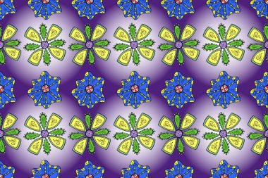 Raster illüstrasyonunda kusursuz çiçek deseni. Mavi, mor ve nötr renklerde çiçekler. Renkli Yaz Temalı Kusursuz Arkaplan. Düz Çiçek Elementleri Tasarımı.