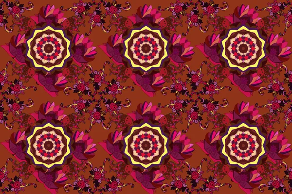Background texture, wallpaper, floral theme in red, purple and brown colors. Abstract ethnic raster seamless pattern. Tribal art boho print, vintage flower background.