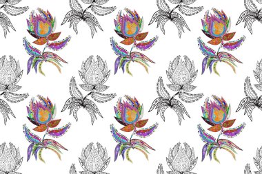 Gri, nötr ve beyaz renkte çiçekler. Çiçek deseni. Raster illüstrasyonu. Gri, nötr ve beyaz renklerde dikişsiz çiçek. Şatafatlı bahar bahçesi dokusu.