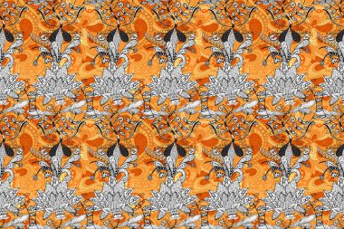 El çizimi. Çiçeklerle kusursuz desen. Siyah, beyaz ve turuncu renkli çiçekler. Suluboya çizimi.