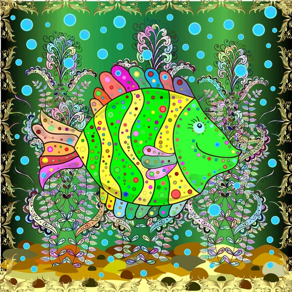 Cute fish cartoon collection. Seamless. Fishes on green, yellow and neutral.