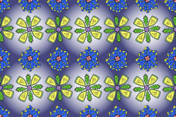Repeating floral backdrop, Elegant blue, neutral and violet flowers wallpaper. Flower pattern seamless on blue, neutral and violet colors, hand-drawn chamomiles, daisies.