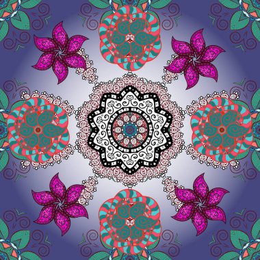 Tarafsız, mor ve mavi renkte çiçekler. Kusursuz çiçek deseni. Asya tekstil tarzında.