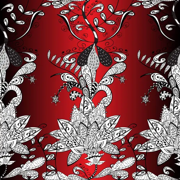 Elegance seamless pattern with ethnic flowers on white, red and black colors. Floral Illustration in nice textile.