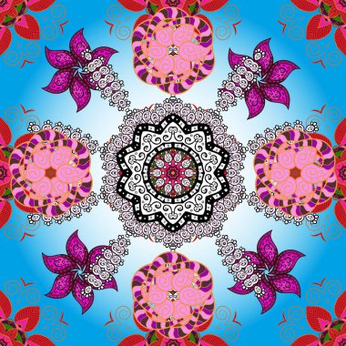 Soyut etnik vektör kusursuz desen. Kabile sanatı boho baskısı, klasik çiçek arkaplanı. Arkaplan dokusu, duvar kağıdı, turuncu, nötr ve mavi renkli çiçek teması.