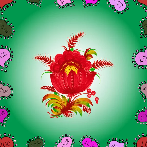 緑の色の民族の花が付いているエレガンスの継ぎ目が無いパターン アジアの織物の花のイラスト — ストック写真
