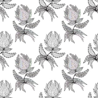 Vektör çizimi. Gri, nötr ve beyaz papatyalardan oluşan gri, nötr ve beyaz bir desen. Gri, nötr ve beyaz renklerde.