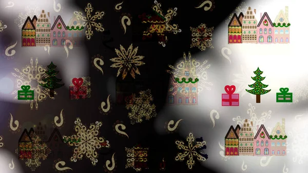 Растровий Візерунок Різними Мультиплікаційними Будинками Растрова Ілюстрація Різдвяна Ілюстрація Чорному — стокове фото