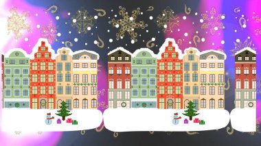 Raster illüstrasyonu. Noel ve Noel kumaşları için kışlık evler Gri, nötr ve beyaz renkler üzerine ambalaj kağıdı ve dekor.