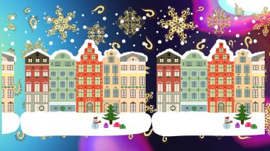 Raster illustration. Happy new year. Christmas illustration on blue, white and gray colors. Merry christmas card with house. clipart