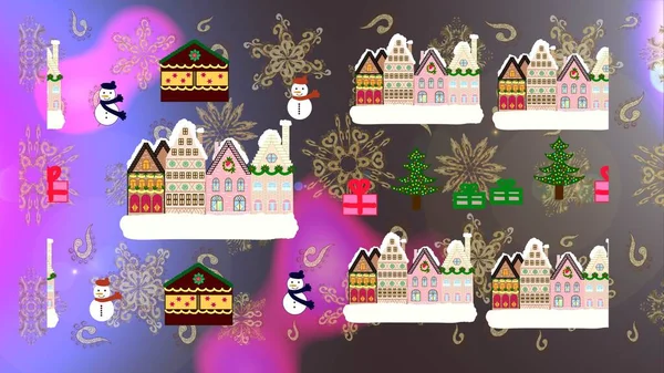 ラスター 珍しいクリスマスイラストポストカード 魔法の森と丘のクリスマスのクリスマス 茶色と中立色で装飾された驚くべき装飾された家 — ストック写真