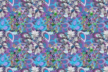 Mavi, beyaz ve menekşe rengi zarif küçük çiçekler ve mavi, beyaz ve mor renkli komik böcekler, raster deseni, illüstrasyon.