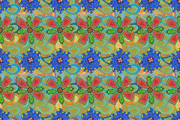 Nahtloses Muster Mit Niedlichen Blumen Und Blättern Auf Blauen Grünen — Stockfoto