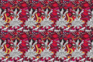 Yapraklı çiçekler ve kırmızı, siyah ve beyaz renkte papatya çiçekleri. Kusursuz bir arka plan modeli. Raster - stok.