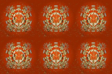 Senin tasarımın için, duvar kağıdı. Bej ve turuncu renklerde, altın çiçekli altın desenler. Raster geometrik arka plan. Altın rengi kusursuz illüstrasyon.