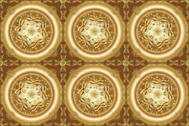 Doku arka planında altın duvar kâğıdı. Barok tarzında altın çiçekli süs. Damask kusursuz yinelenen arkaplan. Sarı, kahverengi ve bej renklerde altın element.