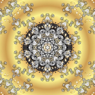 Retro desenli antika akanthus. Dekoratif tasarım unsuru filigran hat sanatı. Sarı, bej ve beyaz renklerde klasik barok mandala süsü.