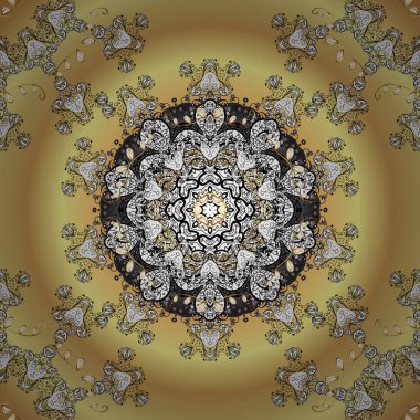 Sarı, bej ve beyaz renkler. Mandala vektörü çiçekli doğuya özgü boyama kitabı sayfası şablon halısı. Çiçeklerle kusursuz desen.