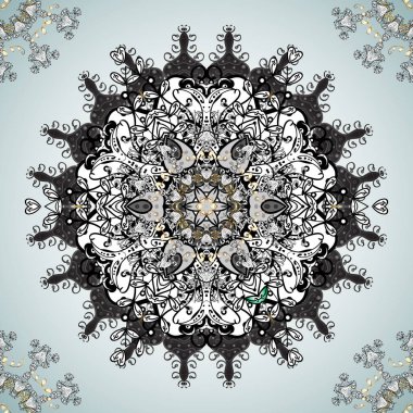 Vektör şablon tebrik kartı, davetiye ve reklam afişi, gri, nötr ve beyaz renkler üzerine broşür. Klasik davetiye ya da mandala desenli düğün kartı ve zarif çiçek unsurları.