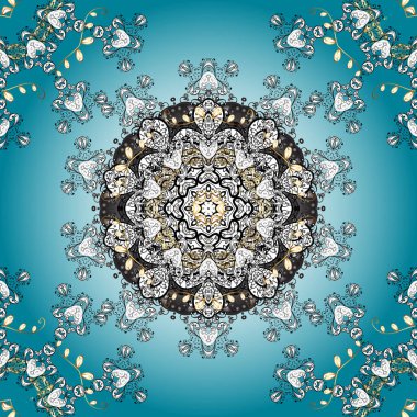 Mavi üzerine renkli mehndi mandala çizimi. Geleneksel Hint tarzı, kına dövmesi, renkli çıkartmalar, geçici dövmeler, mehndi ve yoga tasarımı, kartlar ve parmak izleri için süslü çiçek unsurları..