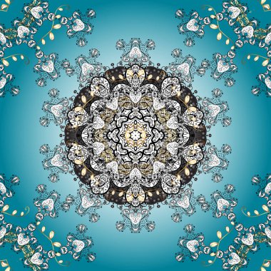 Çiçek süslemesi kusursuz desen. Vektör illüstrasyonunda mavi, beyaz ve siyah yuvarlak doku.