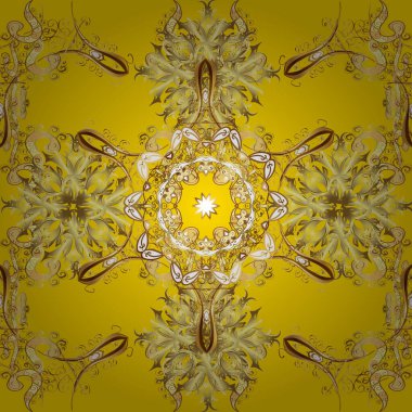 Kahverengi, nötr ve sarı renklerde altın sarısı desenler. Noel, kar tanesi, yeni yıl. Kahverengi, nötr ve sarı renklerde, altın elementlerle kusursuz klasik desen.