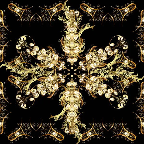 Винтажный Бесшовный Рисунок Коричневом Черном Бежевом Цветах Золотыми Элементами — стоковое фото
