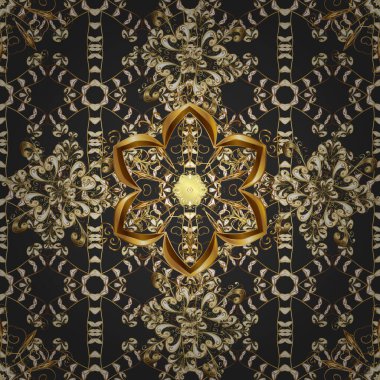 Gri, kahverengi ve bej renklerde altın elementlerle kusursuz desen. Klasik klasik klasik arka plan. Kusursuz klasik vektör altın deseni. Geleneksel oryantasyon süsü.