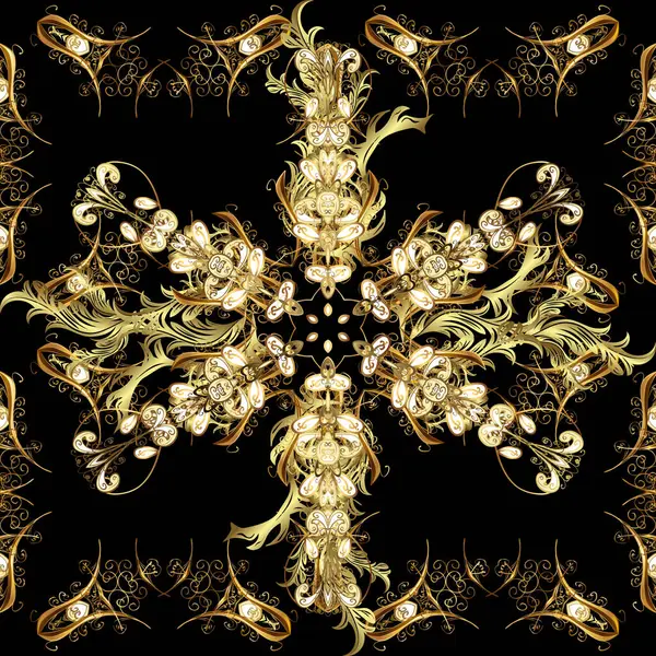 ゴールデンカラーのシームレスなイラスト 黄金の花の要素が付いている茶色 ベージュおよび黒い色の金の継ぎ目が無い模様 あなたのデザインのために ベクトル幾何学的背景 — ストックベクタ
