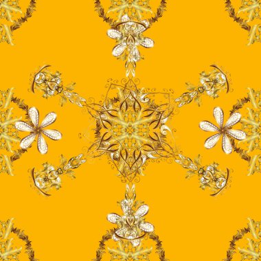 Kusursuz kraliyet lüksü, altın barok kumaş rengi. Kusursuz desenli altın antika ortaçağ dekoratif yaprakları ve altın desenli süslemeler kahverengi, bej ve sarı renklerde..