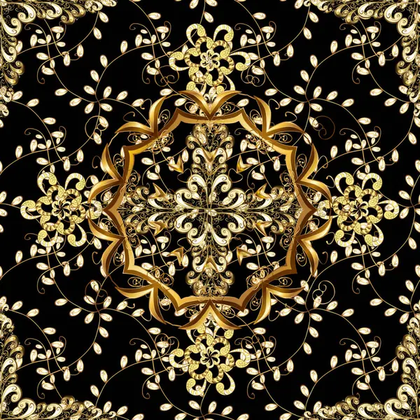 Golden Pattern Black Brown Yellow Colors Golden Elements Seamless Damask — Stock Photo, Image