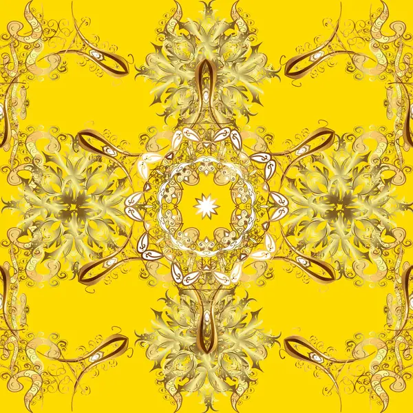 无缝金质感卷曲 华丽的花边 风格化的花 佩斯利 打开精致的金色图案 褐色和黄色的无缝隙图案 带有金色元素 东方风格阿拉伯式 — 图库照片