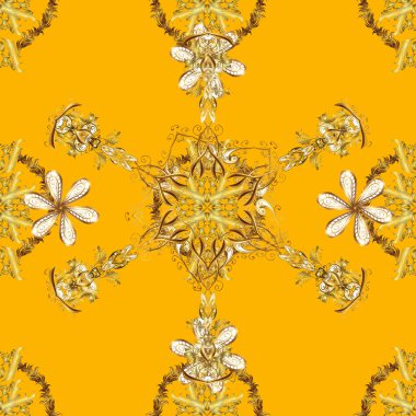 Vektör çizimi. Kahverengi, bej ve sarı renklerde altın elementlerle klasik, pürüzsüz desen.